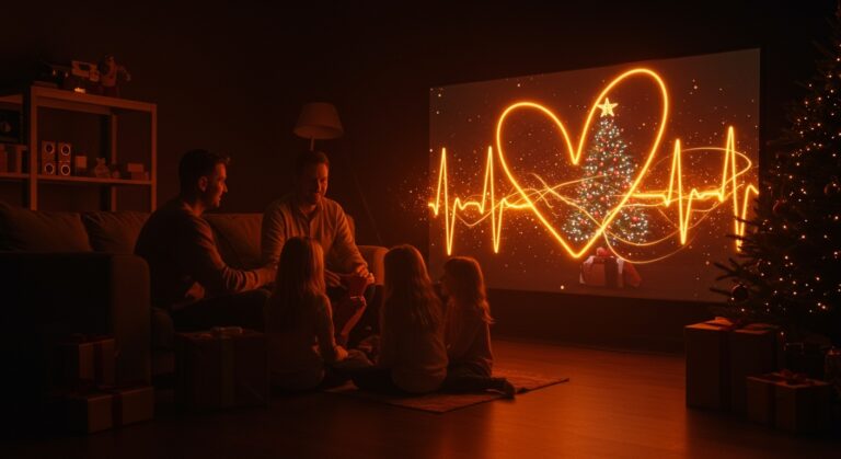 Marketing emocional en publicidad navideña de retail mostrando una familia conectada alrededor de animación inspiradora y branding humano.