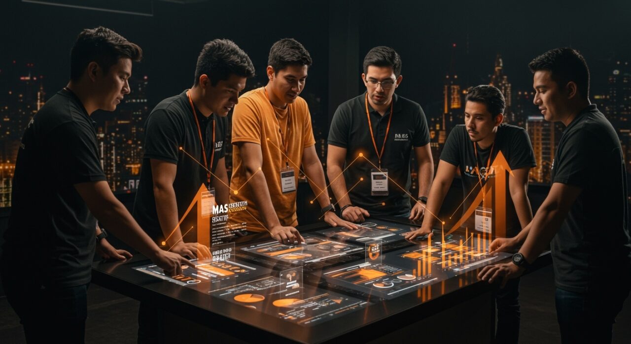 Founders latinoamericanos colaborando en un pitch de startups innovadoras con elementos de networking e inversión en el ecosistema MAS Pitch 2025.