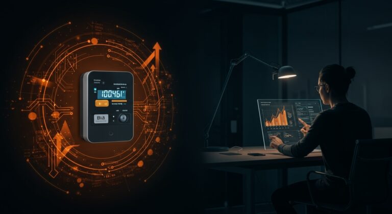 Medidor inteligente en entorno tecnológico representando ahorro energético con inteligencia artificial para startups en LATAM.