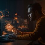 Mejora de precisión en sistemas de IA aplicada con scoring en RAG visualizada mediante hologramas y redes neuronales en tonos naranja y negro.