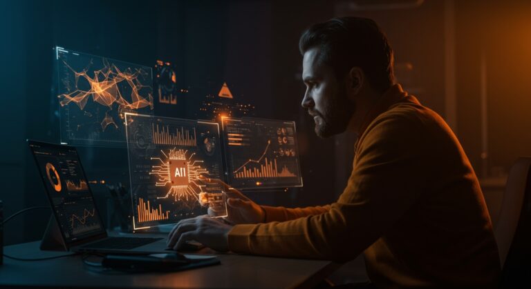 Mejora de precisión en sistemas de IA aplicada con scoring en RAG visualizada mediante hologramas y redes neuronales en tonos naranja y negro.