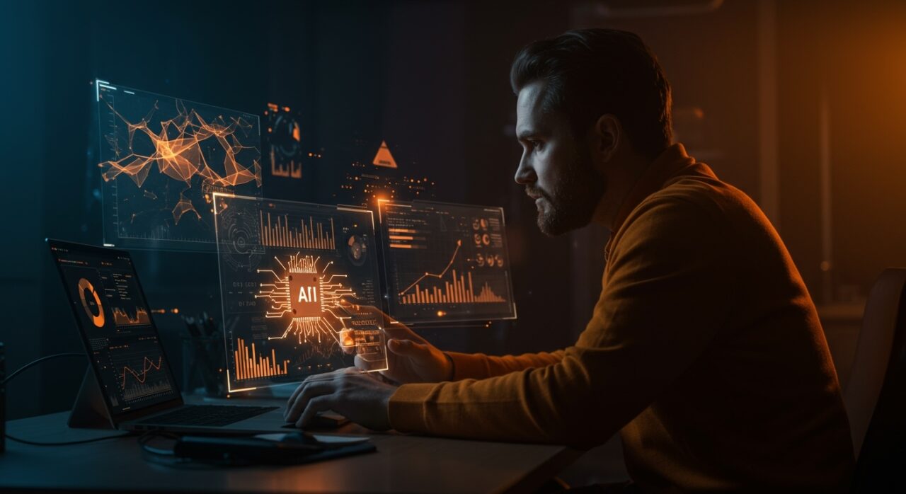 Mejora de precisión en sistemas de IA aplicada con scoring en RAG visualizada mediante hologramas y redes neuronales en tonos naranja y negro.