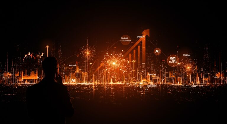 Silueta de líder observando un paisaje digital con redes neuronales y burbujas que representan la posible burbuja del mercado de inteligencia artificial.