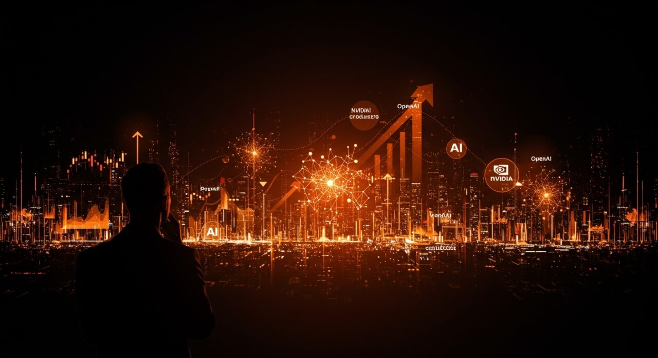 Silueta de líder observando un paisaje digital con redes neuronales y burbujas que representan la posible burbuja del mercado de inteligencia artificial.