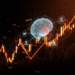 Gráfico digital al alza con símbolos de inteligencia artificial y tendencias tecnológicas en el mercado bursátil estadounidense.