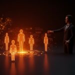 Ejecutivo tecnológico usando IA empresarial con agentes holográficos simbolizando la adquisición de Manus por Meta y su estrategia de automatización en startups tech.