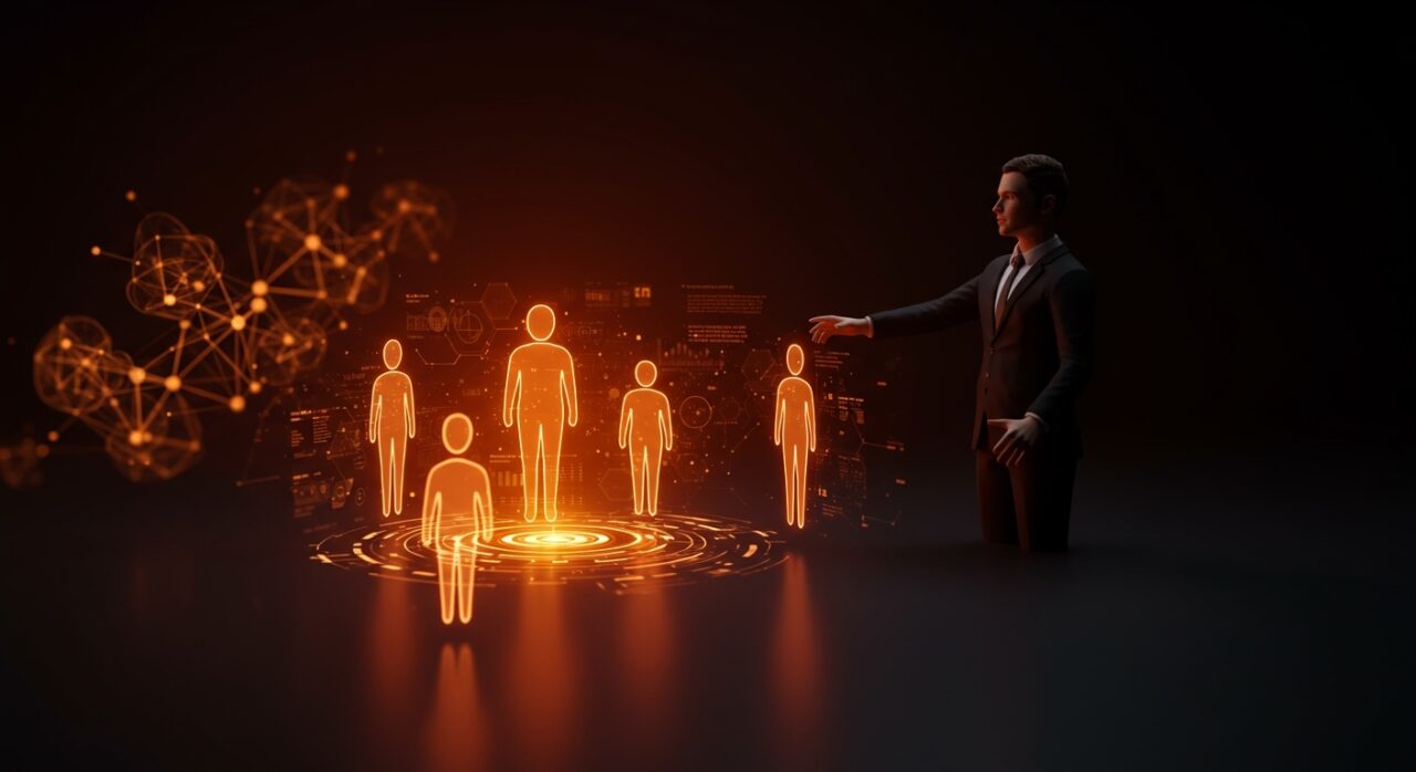 Ejecutivo tecnológico usando IA empresarial con agentes holográficos simbolizando la adquisición de Manus por Meta y su estrategia de automatización en startups tech.