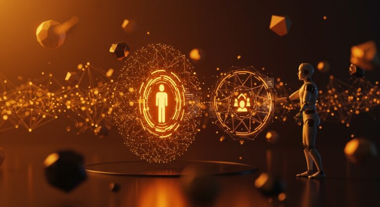 Visualización de agentes autónomos de IA en entorno tecnológico, destacando la adquisición de Manus por Meta y la innovación en inteligencia artificial.