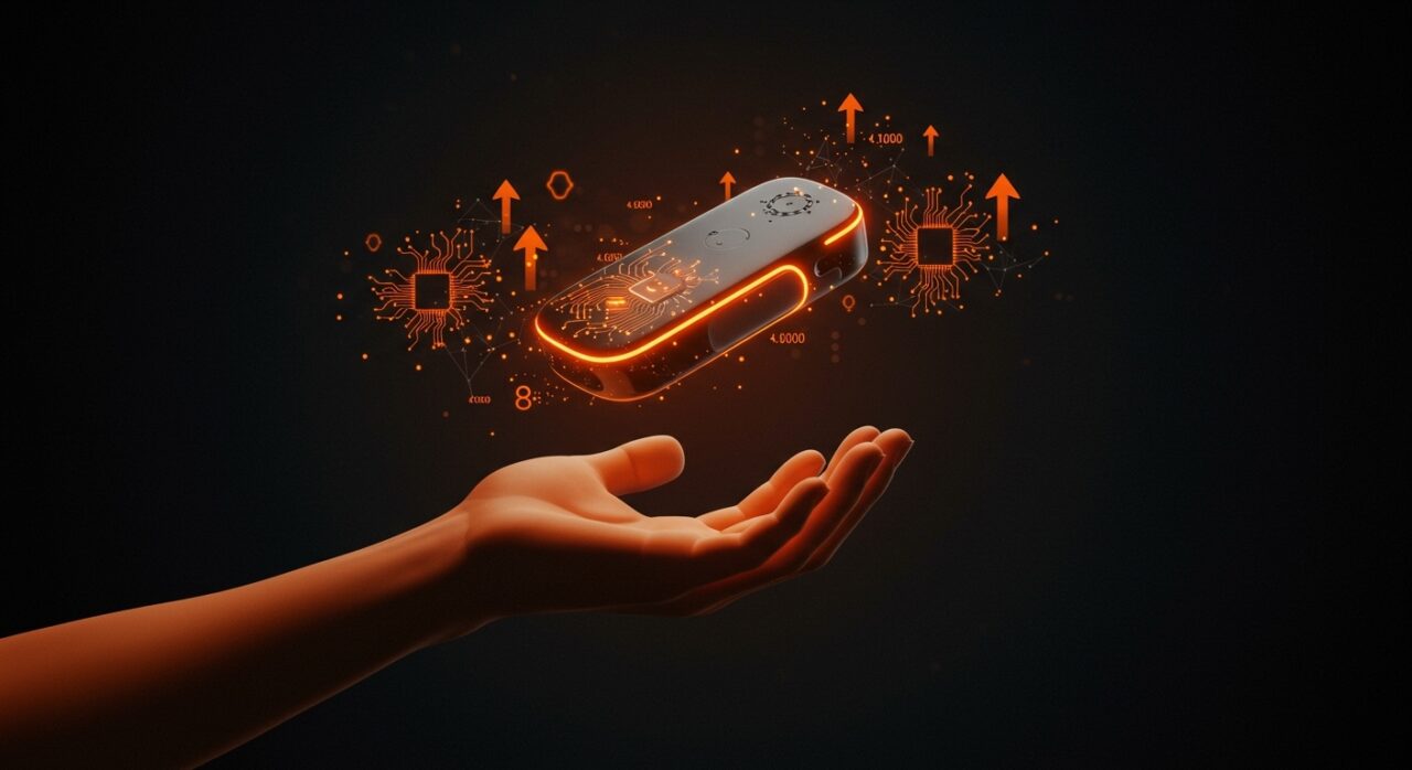 Wearable inteligente con datos digitales ilustrando la adquisición de Limitless por Meta y su avance en tecnología IA para startups.