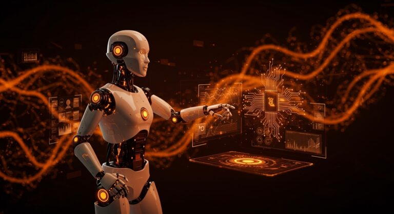 Agente autónomo de inteligencia artificial en un entorno digital futurista, ilustrando la compra de Manus por Meta y su impacto en la automatización y startups tecnológicas.