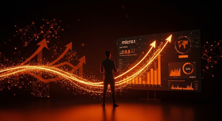 Fundador de SaaS frente a un panel digital con crecimiento récord de ARR y competencia en IA, ilustrando el éxito de Micro1 contra Scale AI.