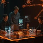 Fundadores de startups colaborando con integración de Microsoft Azure y NVIDIA en inteligencia artificial aplicada y automatización en un entorno tecnológico moderno.