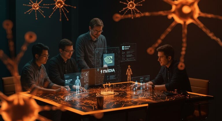 Fundadores de startups colaborando con integración de Microsoft Azure y NVIDIA en inteligencia artificial aplicada y automatización en un entorno tecnológico moderno.