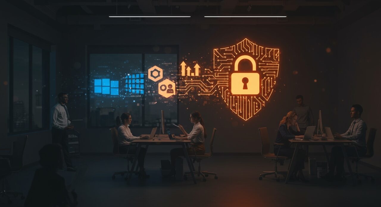 Migración de software a open source en Schleswig-Holstein simbolizando ahorro en TI y soberanía digital con iconografía tecnológica naranja y negra.