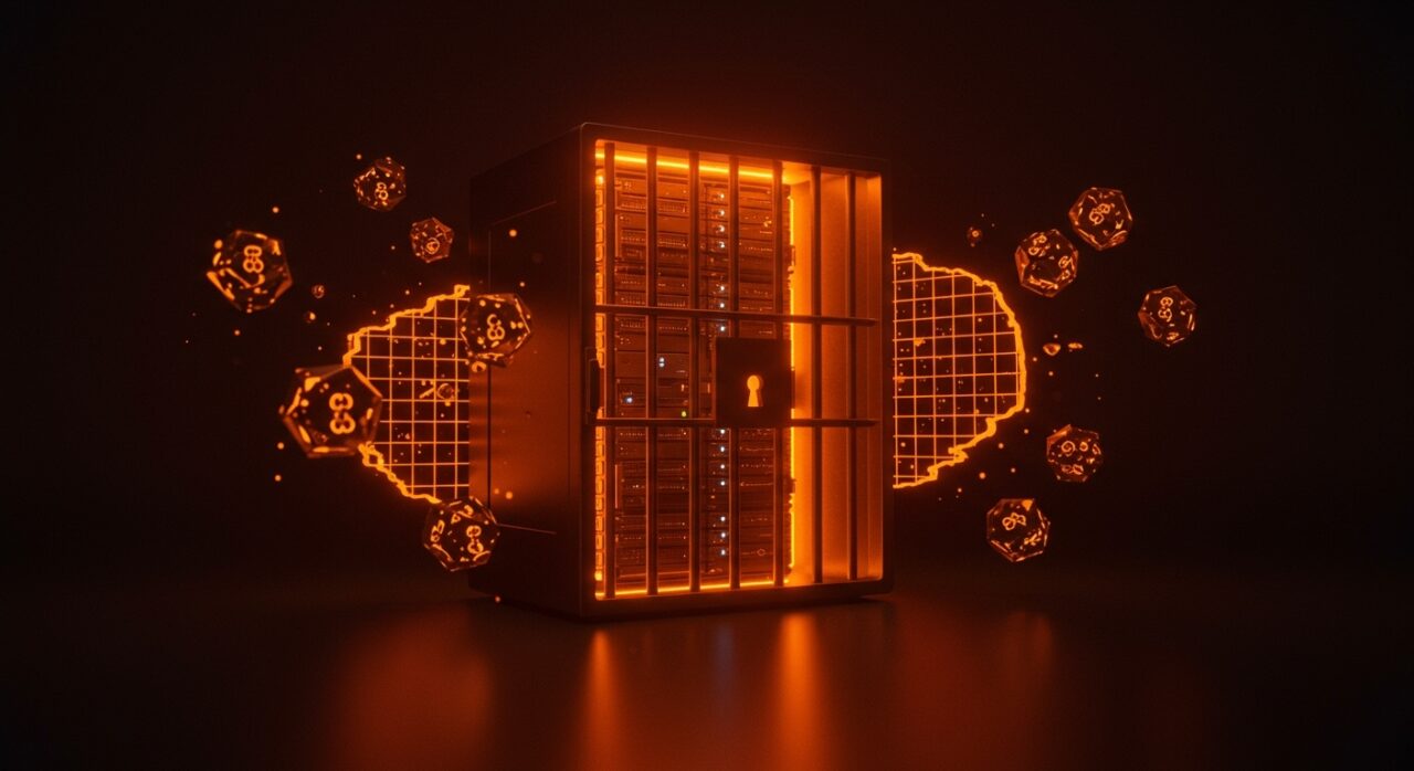 Migración de Mastodon a FreeBSD jails con automatización y seguridad en infraestructura tecnológica representada en arte digital.