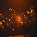 Desarrollador interactuando con código holográfico de C++ reflection y Python bindings, ilustrando automatización y optimización de performance en software development.