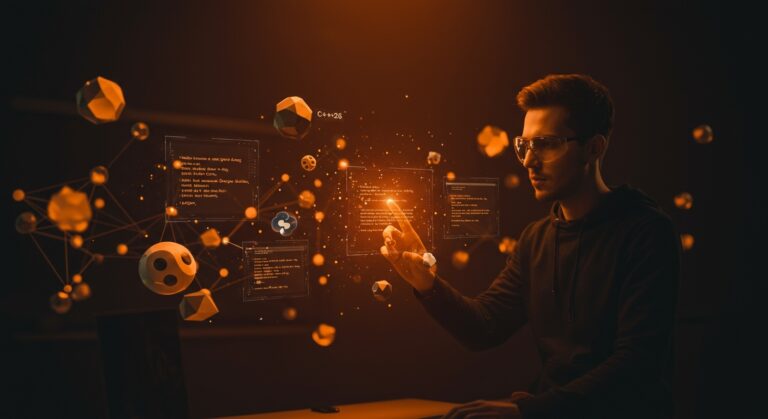 Desarrollador interactuando con código holográfico de C++ reflection y Python bindings, ilustrando automatización y optimización de performance en software development.