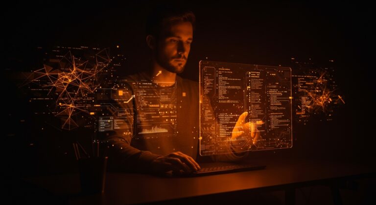Desarrollador trabajando con IA aplicada y modelos de lenguaje open source en un entorno de software local y privado para startups tecnológicas.