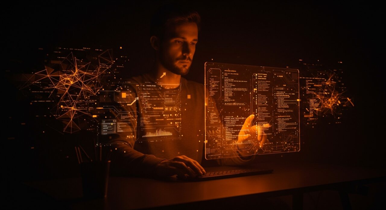 Desarrollador trabajando con IA aplicada y modelos de lenguaje open source en un entorno de software local y privado para startups tecnológicas.