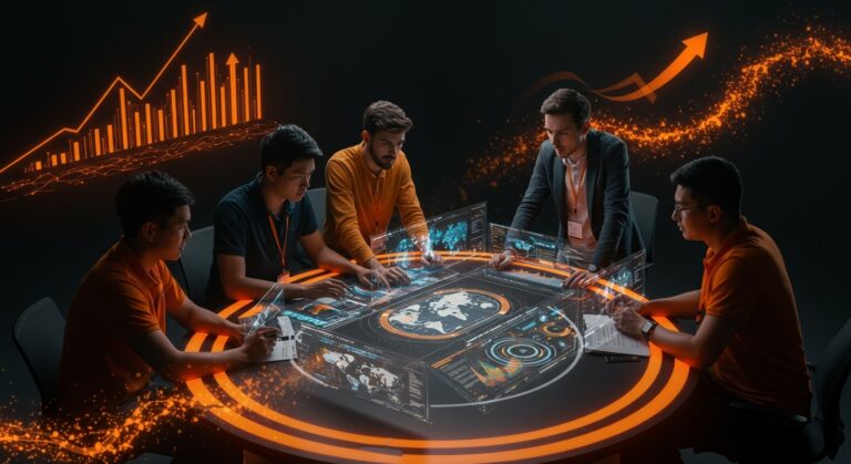 Startup climática colaborando en tecnología de energía limpia con visualizaciones digitales y símbolos de crecimiento y red global.