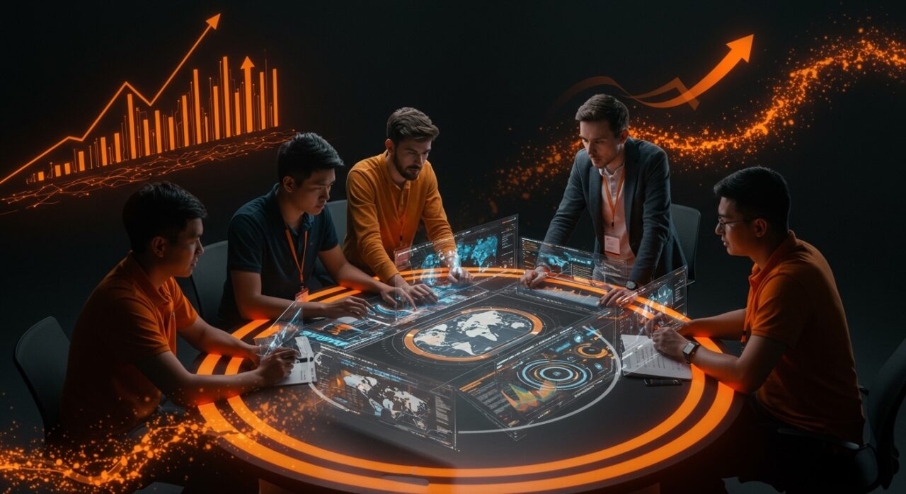 Startup climática colaborando en tecnología de energía limpia con visualizaciones digitales y símbolos de crecimiento y red global.