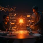 Fundadores tech colaborando con interfaz holográfica de modelo Transformer, simbolizando IA aplicada en startups LATAM.