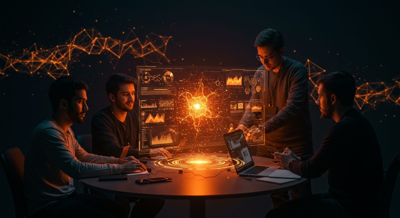 Fundadores tech colaborando con interfaz holográfica de modelo Transformer, simbolizando IA aplicada en startups LATAM.