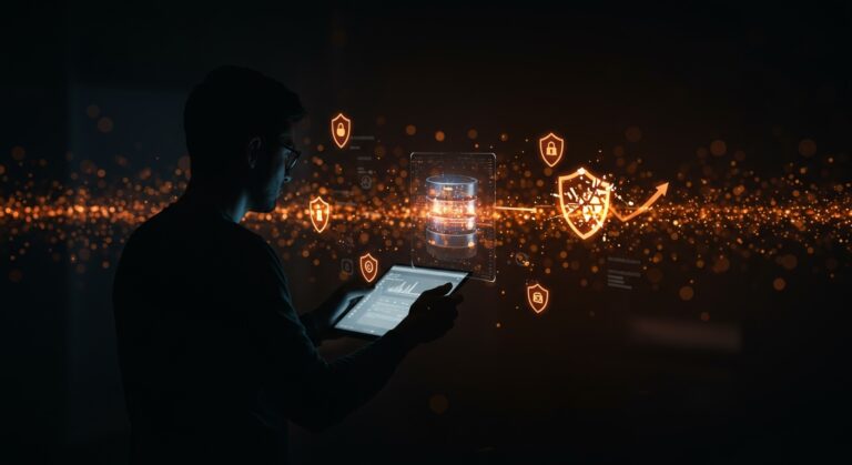 Fundador SaaS frente a interfaz digital de MongoDB con símbolos de vulnerabilidad Mongobleed, destacando seguridad informática y gestión de riesgos en bases de datos.