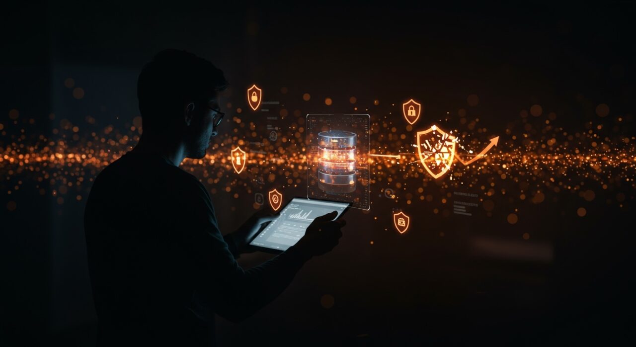 Fundador SaaS frente a interfaz digital de MongoDB con símbolos de vulnerabilidad Mongobleed, destacando seguridad informática y gestión de riesgos en bases de datos.