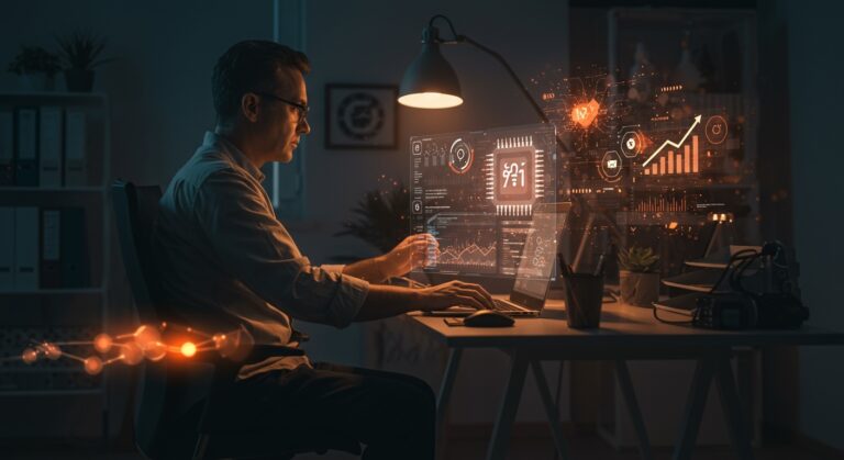 Ingeniero frontend senior trabajando remotamente con interfaz de inteligencia artificial en un entorno de startup, destacando alta compensación y cultura YC.