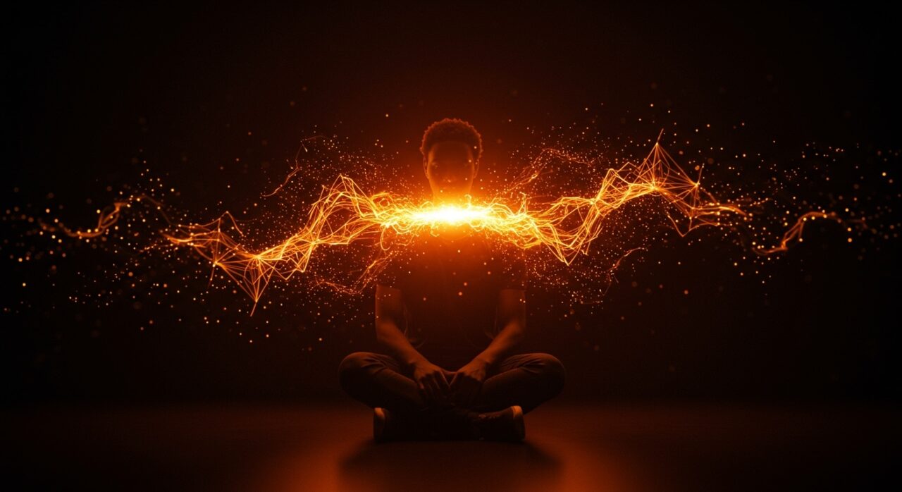 Fundador tech rodeado de una red digital naranja que representa comunidad, resiliencia y motivación en software libre y open source.