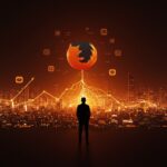 Ilustración editorial de Mozilla enfrentando desafíos de sostenibilidad digital y mercado en 2025 con metáforas tecnológicas y digitales en tonos naranja y negro.