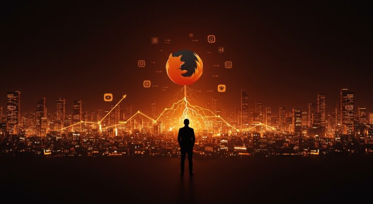 Ilustración editorial de Mozilla enfrentando desafíos de sostenibilidad digital y mercado en 2025 con metáforas tecnológicas y digitales en tonos naranja y negro.
