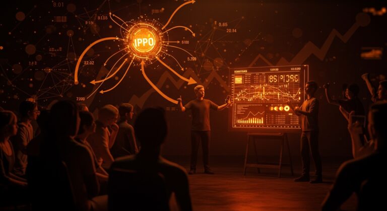 Founder presentando un innovador IPO que involucra a fans como accionistas, representando financiamiento y propiedad en startups tecnológicas.