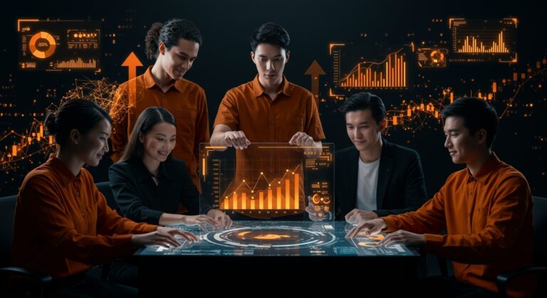 Grupo de multimillonarios jóvenes utilizando inteligencia artificial e innovación tecnológica en startups para acelerar su fortuna.