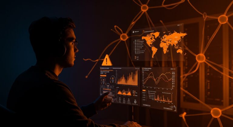 Monitorización de outages en la región AWS N. Virginia con alertas digitales en entorno tecnológico, destacando la baja confiabilidad en cloud computing.