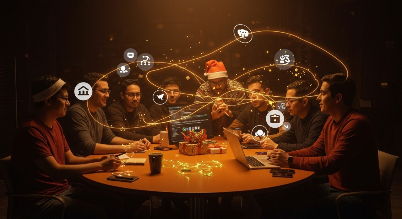 Comunidad tech diversa celebrando la Navidad con colaboración e inspiración para founders latinos.