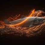 Negocio del salmón en Chile representado por un salmón nadando entre datos digitales, reflejando tendencias de mercado y liderazgo global del grupo Vial.