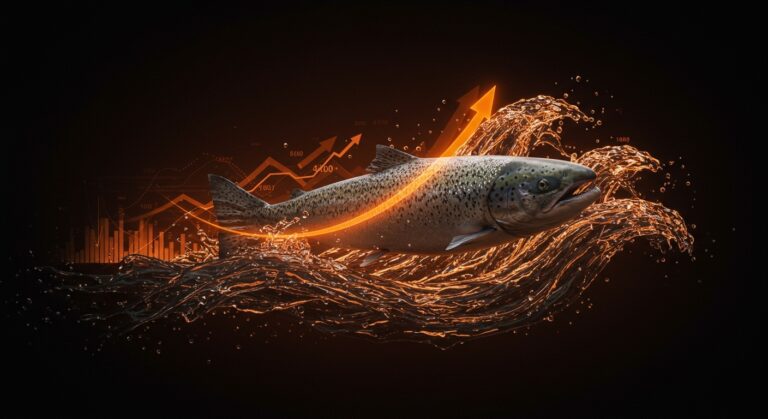 Negocio del salmón en Chile representado por un salmón nadando entre datos digitales, reflejando tendencias de mercado y liderazgo global del grupo Vial.