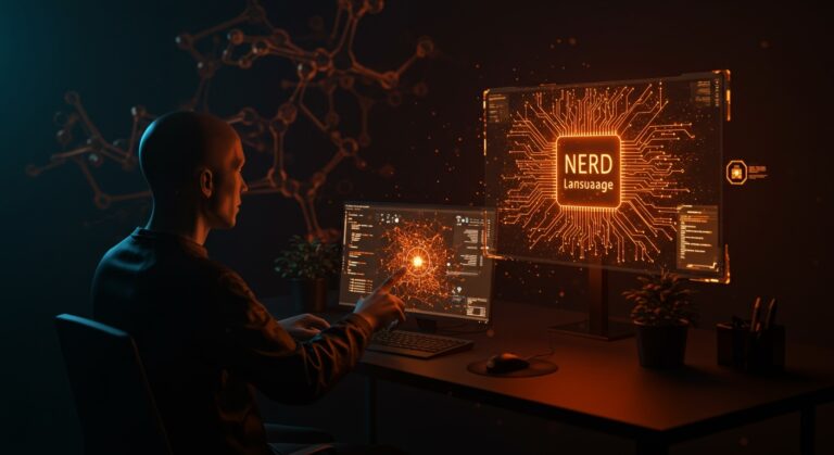 Interacción visual con lenguaje de programación NERD optimizado para inteligencia artificial y automatización en startups tecnológicas.