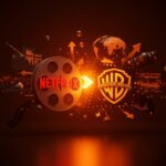 Impacto de la adquisición de Warner Bros. por Netflix en Hollywood y el mercado global de streaming, ilustrado con símbolos digitales y metafóricos.