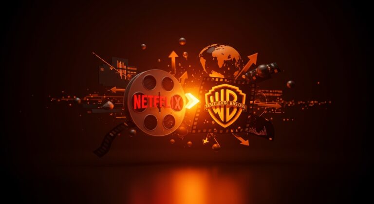 Impacto de la adquisición de Warner Bros. por Netflix en Hollywood y el mercado global de streaming, ilustrado con símbolos digitales y metafóricos.