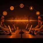 Profesionales de startups tech creando podcasts digitales, ilustrando la estrategia de Netflix en contenido digital y oportunidades en LATAM.