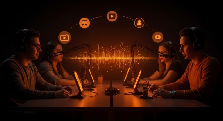 Profesionales de startups tech creando podcasts digitales, ilustrando la estrategia de Netflix en contenido digital y oportunidades en LATAM.