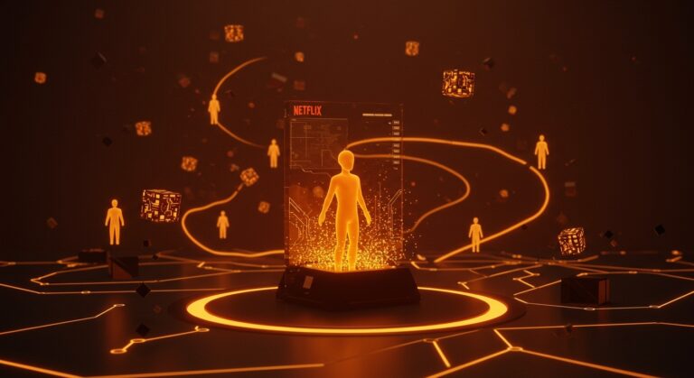 Avatares digitales interconectados representando la innovación en gaming tras la compra de Ready Player Me por Netflix.