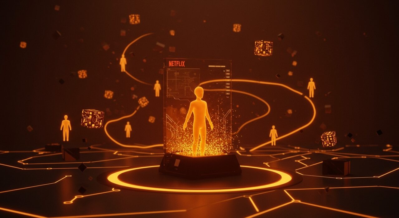 Avatares digitales interconectados representando la innovación en gaming tras la compra de Ready Player Me por Netflix.