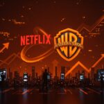 Fusión digital de Netflix y Warner Bros. simbolizando la adquisición y su impacto en startups tecnológicas y mercado de entretenimiento en LATAM.