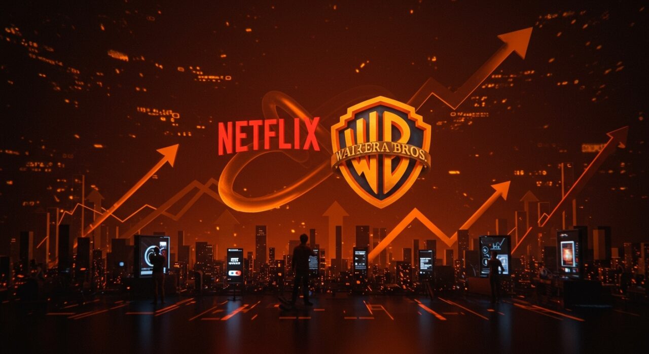 Fusión digital de Netflix y Warner Bros. simbolizando la adquisición y su impacto en startups tecnológicas y mercado de entretenimiento en LATAM.