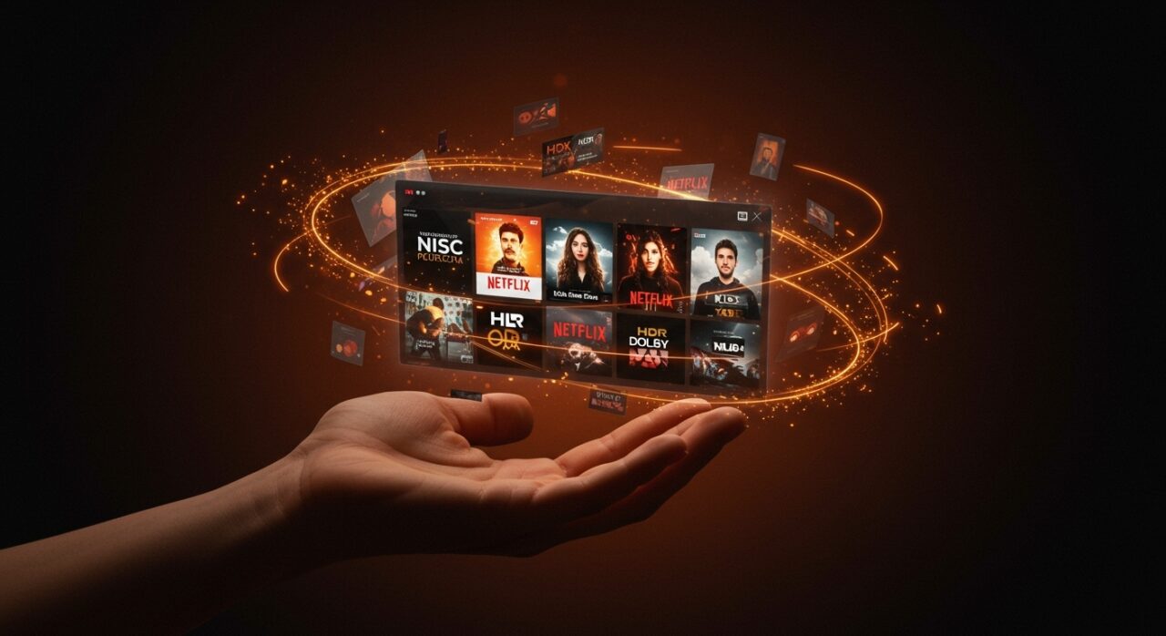 Interfaz futurista de streaming Netflix con títulos 4K HDR y Dolby Vision, destacando contenido abierto para founders en tecnología audiovisual.