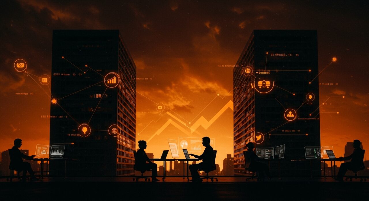 Acuerdo entre Netflix y Warner Bros ilustrado mediante edificios simbólicos fusionándose y representación visual de desafíos regulatorios en el ecosistema startup.